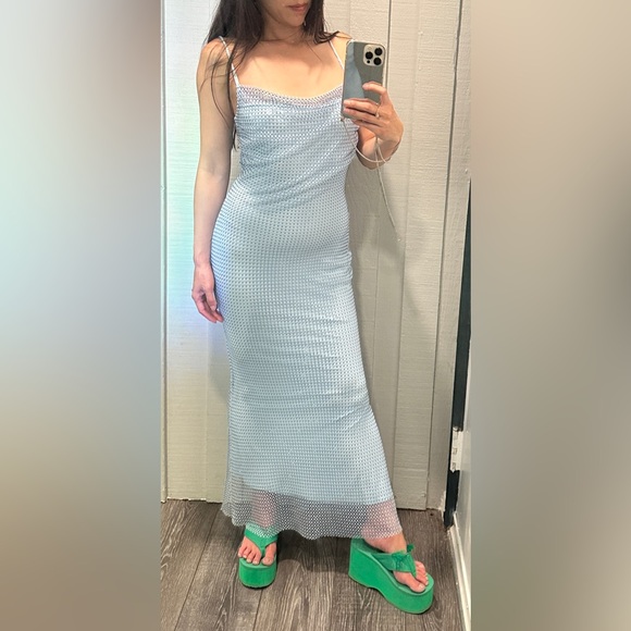 Debase De Base Rhinestone Fishnet Crystal Mesh Overlay Maxi Dress M Blue - Picture 5 of 14